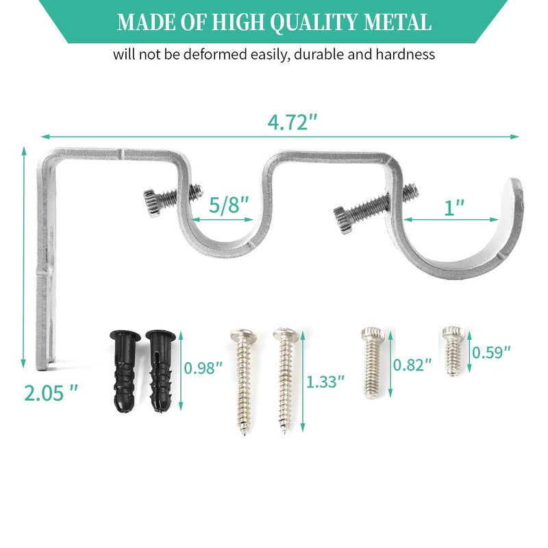 Anndason Heavy Duty Curtain Rod Brackets Double Curtain Rod Brackets Double Rod Holders 1" and 5/8" Inch Rod (Set of 2, Silver) - Image 3